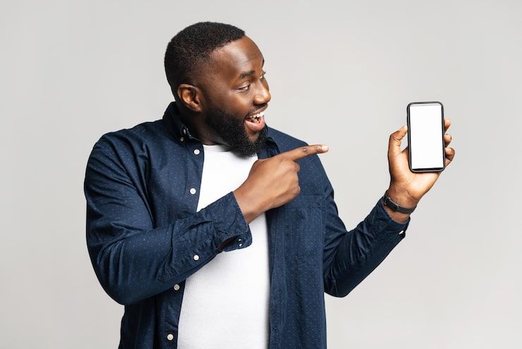 AI-generated illustration of a person smiling and pointing at a smartphone